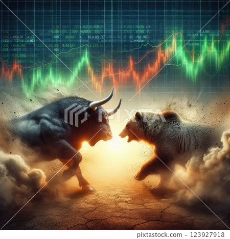Bull vs Bear Battle , Stock Market Volatility with Financial Chart with Generative AI. Bull vs Bear Battle , Stock Market Volatility with Financial Chart with Generative AI. 123927918