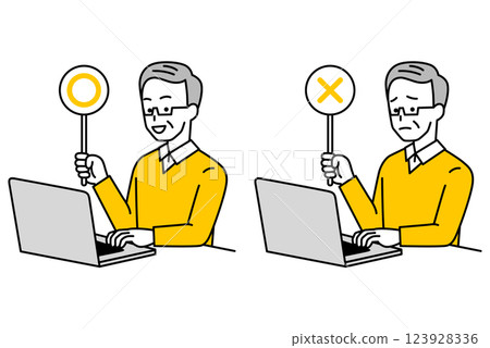 一位老人一邊使用筆記型電腦，一邊舉著有圓圈或十字標記的標語牌 123928336