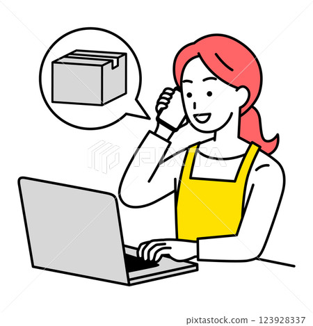A woman in an apron placing an order over the phone while using a laptop computer A woman in an apron placing an order over the phone while using a laptop computer 123928337