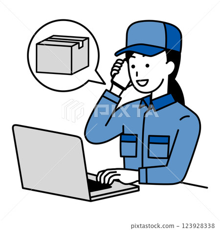 A female delivery person placing an order over the phone while using a laptop 123928338
