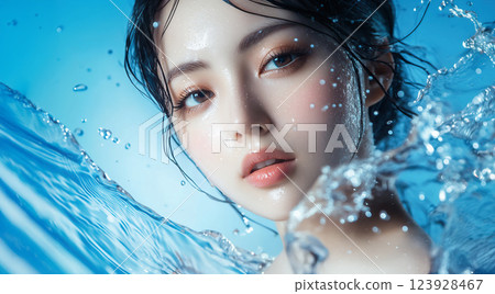 水花四濺，特寫女子的臉部。酷炫又充滿活力的圖像 123928467