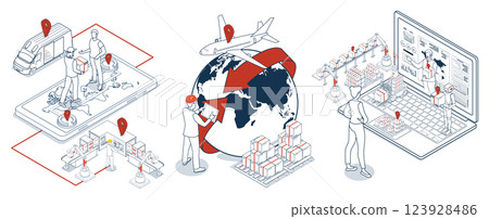 Worldwide delivery services are powered by global logistics, offering customers various shipping options and streamlined online order management. 123928486