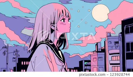 Anime-style girl looking up at the sky AI-generated image 123928744