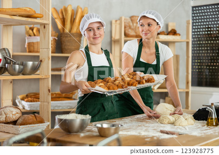 Women bakers with croissants 123928775