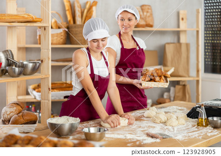 Adult female baker posing with finished baked goods in hands and young girl assistant kneading dough in kitchen 123928905