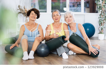 Group of elderly women posing with pilates equipment Group of elderly women posing with pilates equipment 123929008