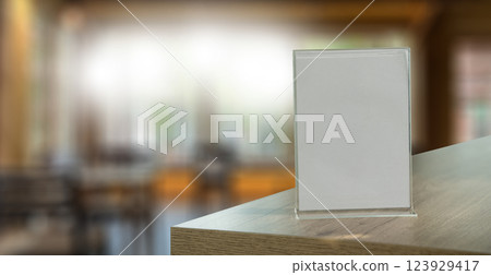 Stand Mock up Menu frame tent card blurred background design key visual layout in cafe 123929417