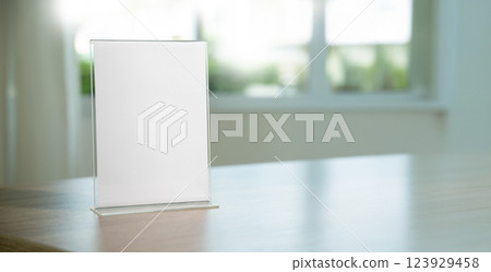 Stand Mock up Menu frame tent card blurred background design key visual layout in cafe Stand Mock up Menu frame tent card blurred background design key visual layout in cafe 123929458