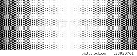 Triangle halftone gradient texture. Geometric triangular tech pattern background. Black abstract vanishing gradation wallpaper. Fading mosaic pop art backdrop for poster, banner, booklet. Vector 123929701
