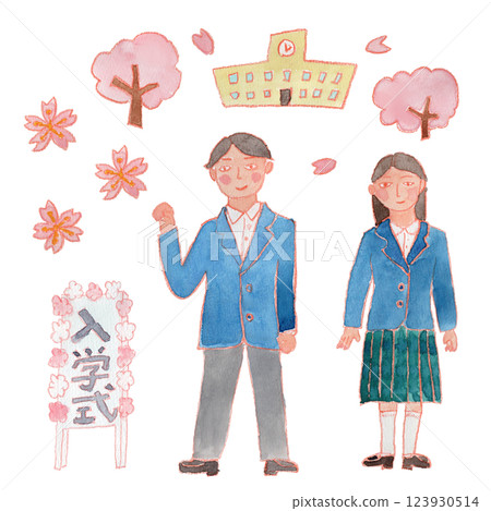 Watercolor illustration of boys and girls in uniforms at the entrance ceremony 123930514