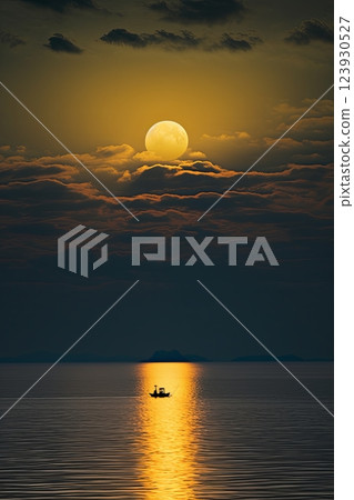 Silhouette of the fisherman or leisure boat sailing toward the moon. Silhouette of the fisherman or leisure boat sailing toward the moon. 123930527