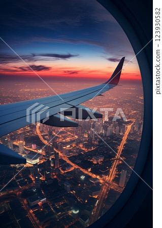 The capital of Bulgaria is Sofia. View of the city at night through the porthole 123930582