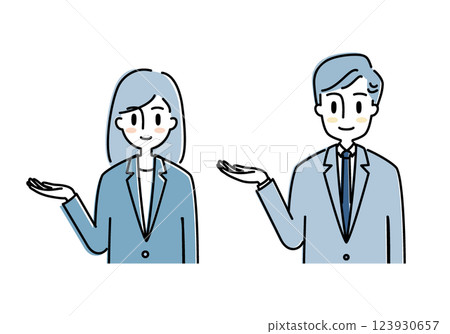 穿著西裝的男子和女子假扮導遊的上半身插圖 123930657