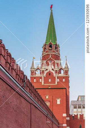 Troitskaya tower of Moscow Kremlin on a blue sky background in sunny summer day Troitskaya tower of Moscow Kremlin on a blue sky background in sunny summer day 123930696