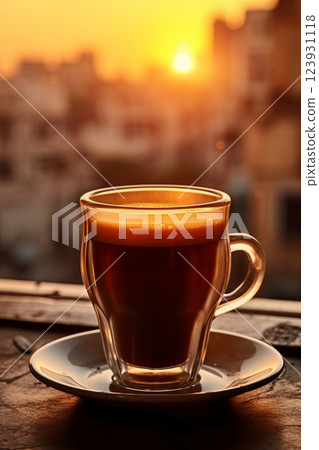 Close-up of a glass cup with dark coffee and coffee grounds on the rim, placed on a rustic wooden surface 123931118