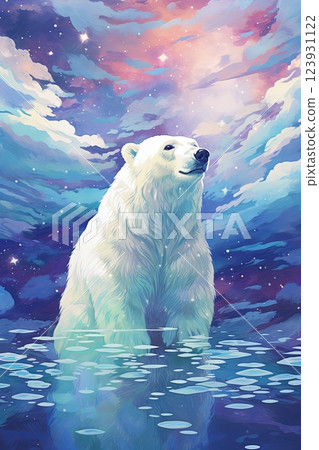 Polar bear on an ice floe in the cold northern sea. Starry arctic night. Northern lights 123931122