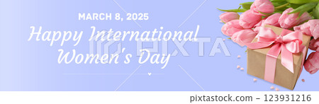 8 March, international women's day, pink tulips and gift box on a blue background, with text 8 March, international women's day, pink tulips and gift box on a blue background, with text 123931216