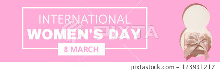 8 March, international women's day, gift box and cut out figure eight on a pink background, with text, top view 8 March, international women's day, gift box and cut out figure eight on a pink background, with text, top view 123931217