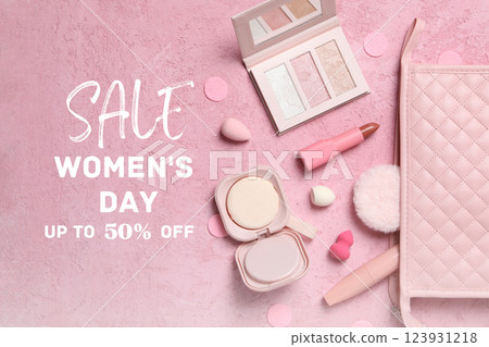 8 March, international women's day, pink cosmetics on a pink background, with text, top view 8 March, international women's day, pink cosmetics on a pink background, with text, top view 123931218