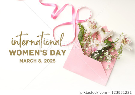 8 March, international women's day, flowers in an envelope on a white background, with text, top view 8 March, international women's day, flowers in an envelope on a white background, with text, top view 123931221