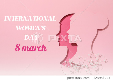 8 March, international women's day, paper cut out woman's face in profile and white beads on a pink background, with text 8 March, international women's day, paper cut out woman's face in profile and white beads on a pink background, with text 123931224