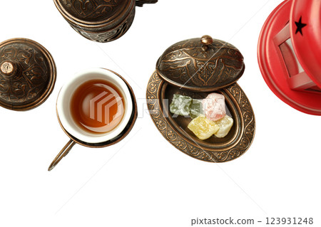 PNG, Ramadan. Red lamp in Moroccan style with traditional attributes, isolated on white background. PNG, Ramadan. Red lamp in Moroccan style with traditional attributes, isolated on white background. 123931248