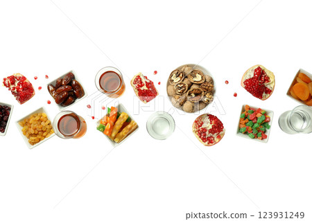 PNG, Ramadan. Set of traditional food during fasting period,isolated on white background. 123931249