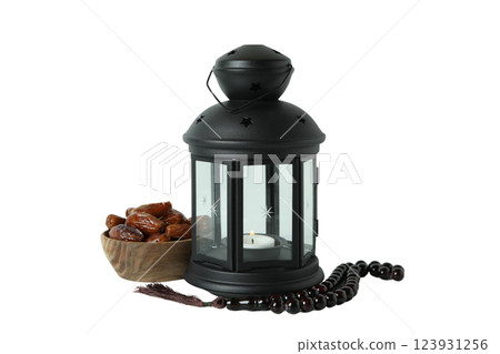 PNG, Ramadan. Black lamp in Moroccan style, with traditional food, isolated on white background. PNG, Ramadan. Black lamp in Moroccan style, with traditional food, isolated on white background. 123931256