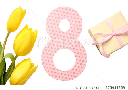 PNG, March 8. Tulips, gift box and 8, top view, isolated on a white background. PNG, March 8. Tulips, gift box and 8, top view, isolated on a white background. 123931269