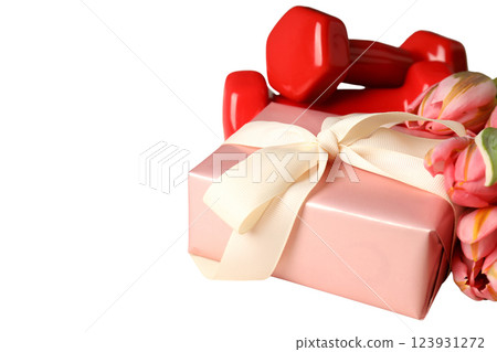 PNG, March 8. Red dumbbell with flowers and gift, isolated on white background. 123931272