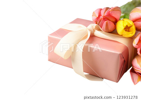 PNG, March 8. Flowers with a gift, isolated on a white background. 123931278