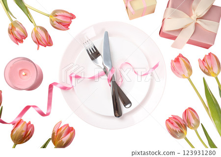PNG, March 8. Cutlery with pink flowers and candle, isolated on white background. PNG, March 8. Cutlery with pink flowers and candle, isolated on white background. 123931280