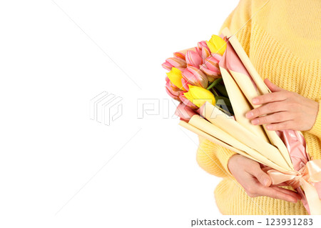 PNG, March 8. Bouquet of pink tulips, isolated on white background. 123931283