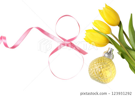 PNG, March 8. Number eight with flowers and perfume, isolated on white background. 123931292