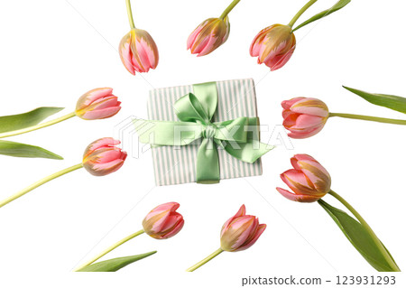 PNG, March 8. Flowers with a gift, isolated on a white background. 123931293