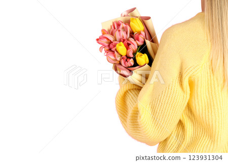 PNG, March 8. Girl holding flowers in her hands, with space for text, isolated on white background. 123931304