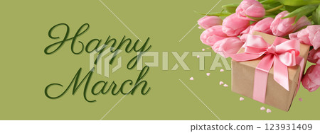 Hello spring, gift box and pink tulips on green background with text Hello spring, gift box and pink tulips on green background with text 123931409