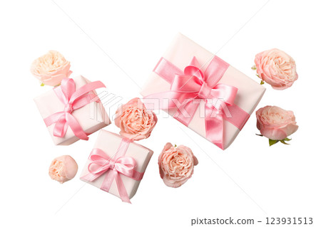 PNG, March 8. Gifts with flowers, isolated on white background. 123931513