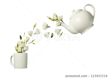 PNG, March 8. Teapot with cup and white, levitating flowers, isolated on white background. 123931519