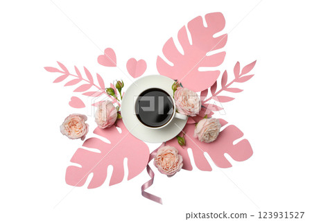 PNG, March 8. Pink flowers with coffee, isolated on white background. 123931527