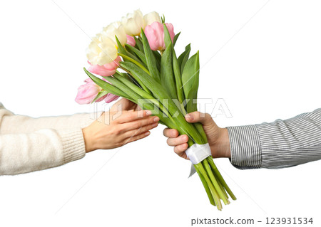 PNG, March 8. Bouquet of flowers in hands, isolated on white background. PNG, March 8. Bouquet of flowers in hands, isolated on white background. 123931534