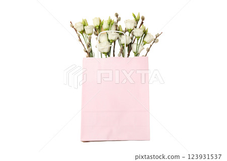 PNG, March 8. Gift bag with flowers, isolated on white background. PNG, March 8. Gift bag with flowers, isolated on white background. 123931537