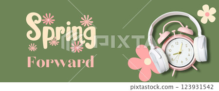Spring Forward. Design, clock with headphones and flowers, on a green background with text Spring Forward. Design, clock with headphones and flowers, on a green background with text 123931542