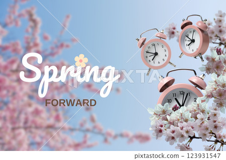 Spring Forward. Blue alarm clock, on a blue background, with text. Spring Forward. Blue alarm clock, on a blue background, with text. 123931547