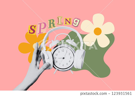 Spring Forward. Design, alarm clock with headphones and hand, on a pink background. Spring Forward. Design, alarm clock with headphones and hand, on a pink background. 123931561