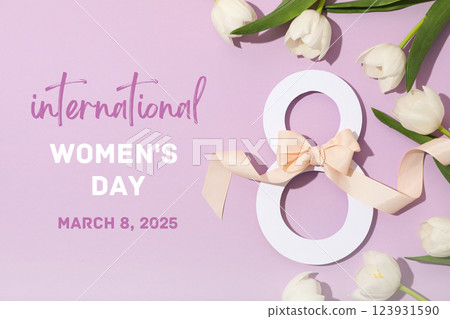 8 March, international women's day, figure eight with bow and white tulips on a lilac background, with text, top view 8 March, international women's day, figure eight with bow and white tulips on a lilac background, with text, top view 123931590