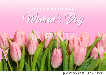 8 March, international women's day, pink tulips on a pink background, with text 8 March, international women's day, pink tulips on a pink background, with text 123931595