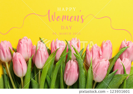 8 March, international women's day, pink tulips on a yellow background, with text 8 March, international women's day, pink tulips on a yellow background, with text 123931601