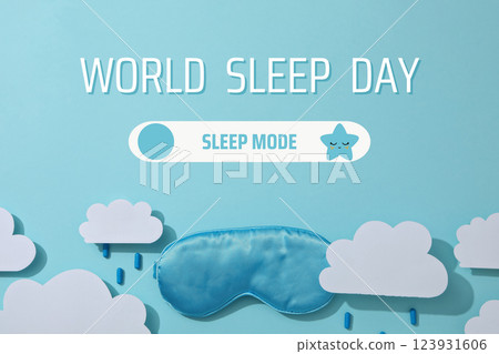 World Sleep Day, blue sleep mask and paper clouds on a blue background, with text World Sleep Day, blue sleep mask and paper clouds on a blue background, with text 123931606