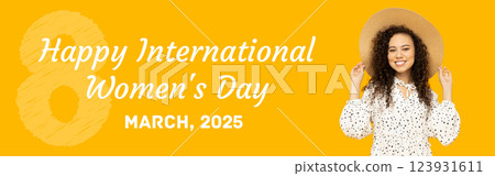 8 March, international women's day, happy woman in hat on yellow background, with text 123931611